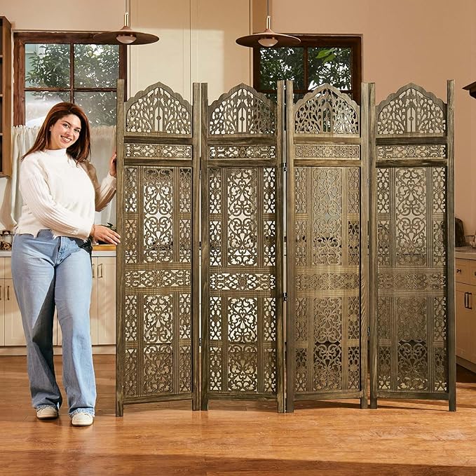5.75Ft Room Divider Wood Screen, 33Lbs Durable Antiqued Style MDF Carved Headboard, Reversible Freestanding Folding Partition Paravent for Home Terrace, 69 * 71 inch(H*W) - 4 Panels (Antique Brown)