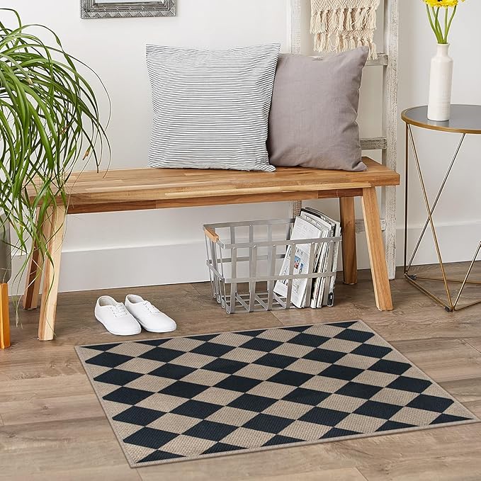 Easy Jute Checkered Entryway Rug, 2x3 Black Modern Indoor Outdoor Doormat, Washable Non-Slip Neutral Small Kitchen Rug Farmhouse Diamond Throw Rugs for Entrance Bedroom Bathroom