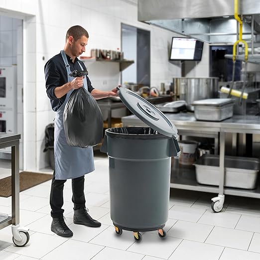 PRO&Family Commercial Round Trash Can with Lid and Dolly Rolling Waste Container, Ingredient Bin, Heavy-Duty Plastic, Anti-Static, Kitchen, Office, Outdoor Use (Gray, 44 Gallon)