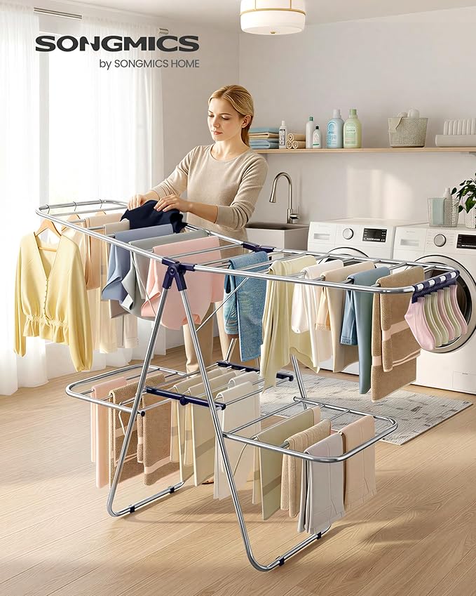 SONGMICS Clothes Drying Rack, Foldable 2-Level Laundry Drying Rack, Free-Standing Laundry Airer, with Height-Adjustable Wings, 33 Drying Rails, Sock Clips, Silver and Blue ULLR53BUV1
