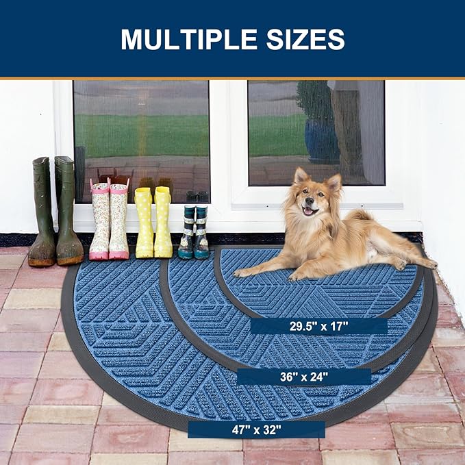 Smiry Half Circle Front Door Mat Outside Entrance, Heavy Duty Sturdy Natural Rubber Doormat, Trap Dirt and Moisture, Low Profile Mats for Indoor Outdoor Entry, Irregular Triangle (36x24, Blue)