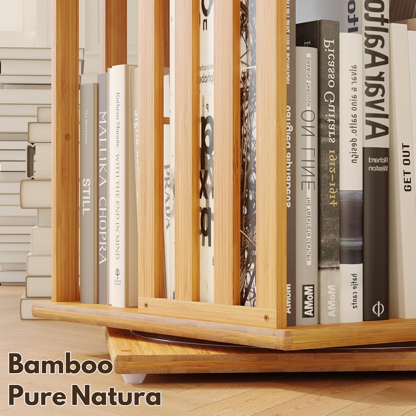 YOWOS Rotating Bookshelf Tower, 360 Display Spinning Bookcase, Bamboo Bookshelf Floor Standing Storage Rack, Wood Narrow Book Shelf Organizer for Kids&Adults (Nature, 4 Tier)