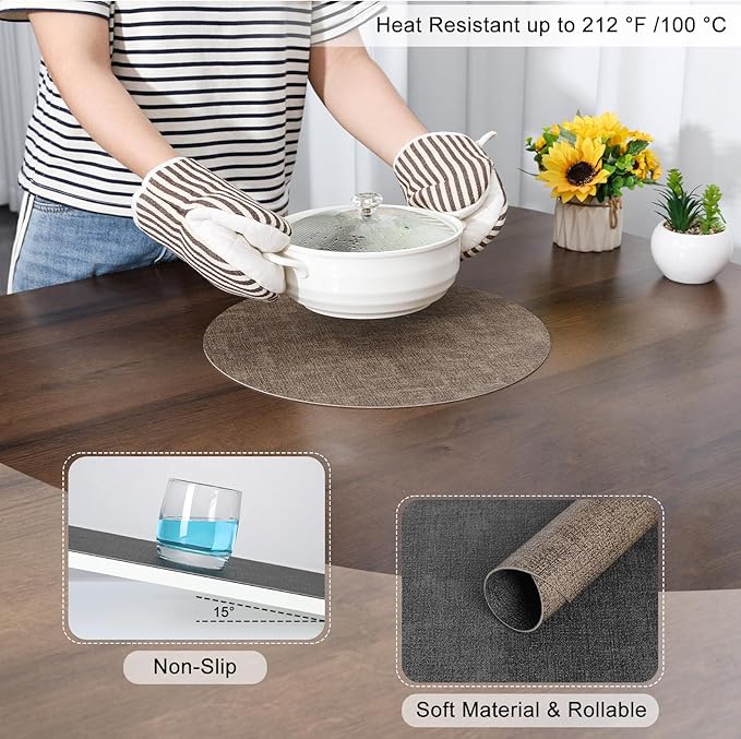 Myir JUN Round Placemats, Dual Sided Faux Leather Place Mats Set of 6 Indoor/Outdoor Non-Slip Washable Table Mats (Gray Brown, Set of 6)