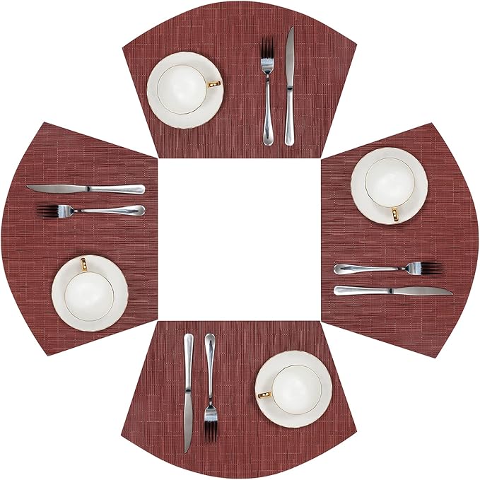 SHACOS Small Round Table Placemats Set of 4 Wedge Placemats Burgundy Red Heat Resistant Table Mats Wipe Clean (4, Burgundy Red)