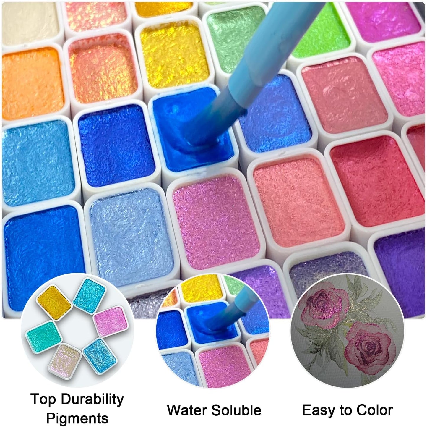 Mini Shifting Watercolor Paint Set, 30 Color Glitter Watercolor Painting Kit, Metallic Watercolor Paints, Solid Water Colors Paint Adult Set, Detail Paint Brush Included, for Artists