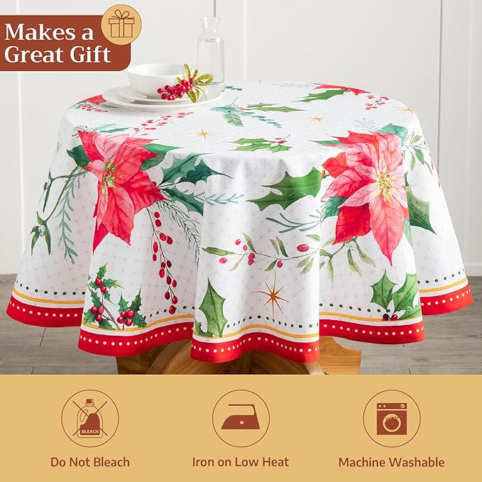Maison d' Hermine Table Cloth Round Table 100% Cotton 63 Inches Fall Tablecloth Reusable Everyday Use for Thanksgiving Christmas Decorations Dining Farmhouse Party (Poinsettia Christmas)