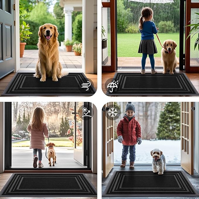 Buganda Front Door Mat Indoor Outdoor Entrance, Non-Slip Natural Rubber Doormats, Easy Clean, Low Profile, Dirt Trapper Entryway Floor Mats for Outside, Garages and Patios, 47x32, Black