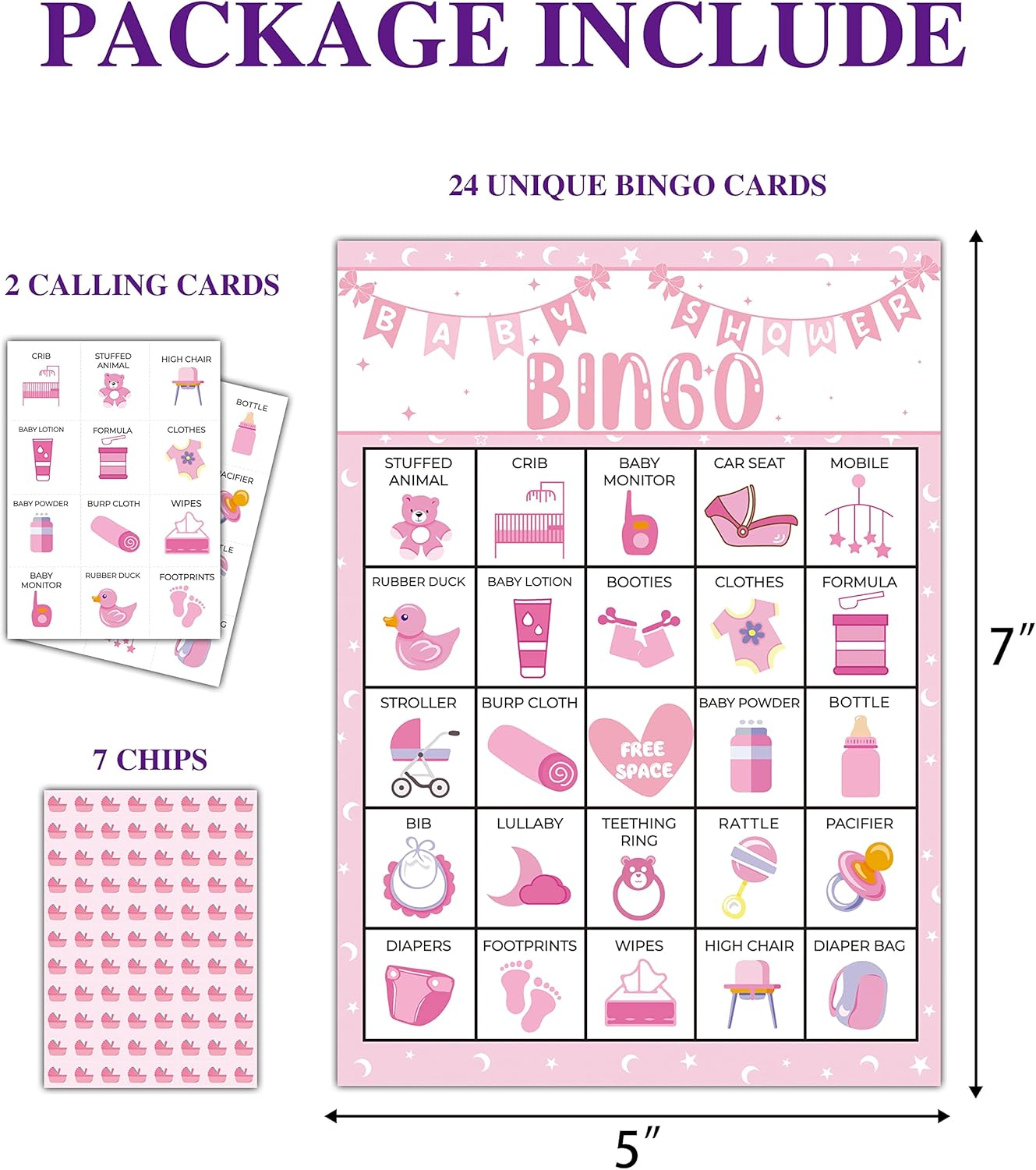 Pink Shower Party Bingo Cards, Shower Bingo Game, Shower Party Games for Adults, Gender Reveal Party Games Favors Supplies Decorations, 24 Players Bingo Game (A03)