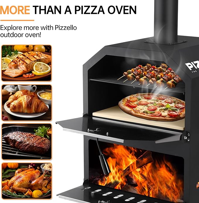 PIZZELLO Pizzello Outdoor Pizza Oven 16'' Large Wood Fired 2-Layer Pizza Ovens with Pizza Stone, Pizza Peel, Grill Grate, Oven Cover, Outside Pizza Maker for Camping Backyard BBQ, Pizzello Grande 16