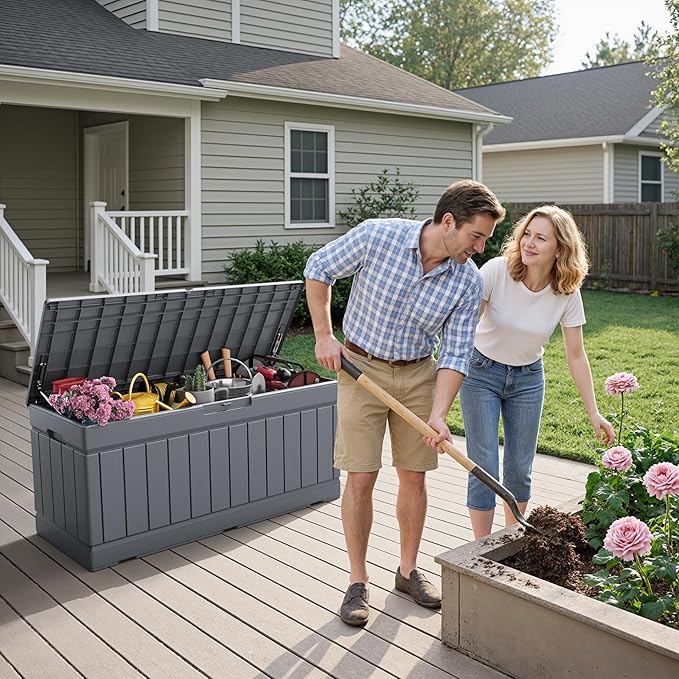 Flamaker Outdoor Storage Box 80 Gallon Resin Waterproof Deck Box Delivery Box with Wood Texture Large Storage Bin for Patio Cushions, (Grey)