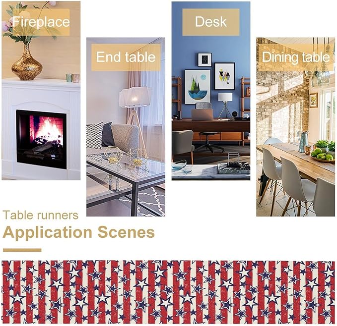 4th of July Table Runner, Vintage American Independence Day Stripes and Stars Patriotic Table Center Decor for Home Kitchen Dining Party Outdoor Holiday 13x120in