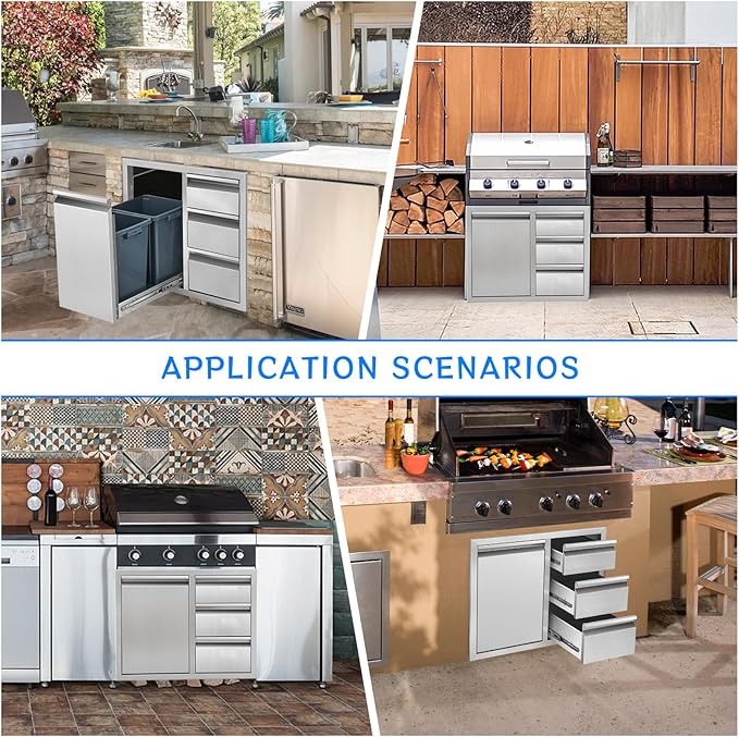 Outdoor Kitchen Drawer Combo, Stainless Steel Triple Drawer Cabinet with Built-in Trash Drawer & Two Trash Cans, 28" W x 22" H x 19.5" D Outdoor Kitchen Storage for BBQ Grill Islands