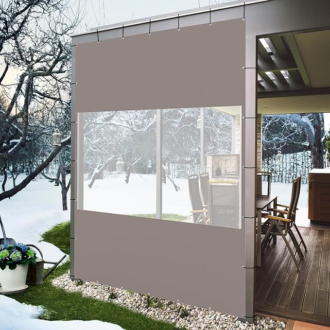 Domi Heavy Duty Outdoor Clear Panel Curtain, 18 oz Waterproof PVC Polyester Curtain, Weather Resistant & Tearproof for Patios, Gazebos, Pergolas, Privacy Screen (10'H x 7'W, Gray)