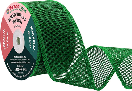 Mandala Crafts Green Burlap Wired Ribbon 2 Inches Wide Jute Ribbons for Crafts - 10 Yds Roll Rustic Burlap Wrap Trim Ribbons for Wreaths Bows Party Decoration
