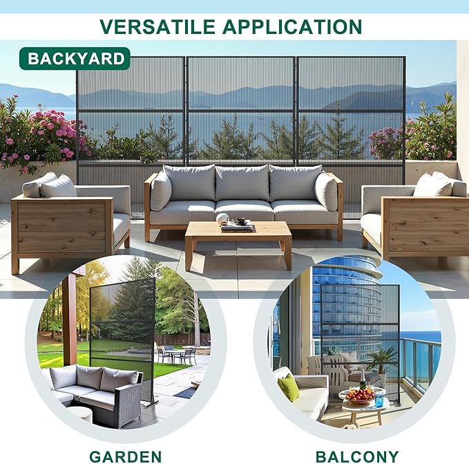 Casaphoria Metal Privacy Screen Outdoor, 72" H x 47" W Freestanding Decorative Privacy Screen for Patio Deck Balcony Garden with Stable Base, Black-Vertical Stripe
