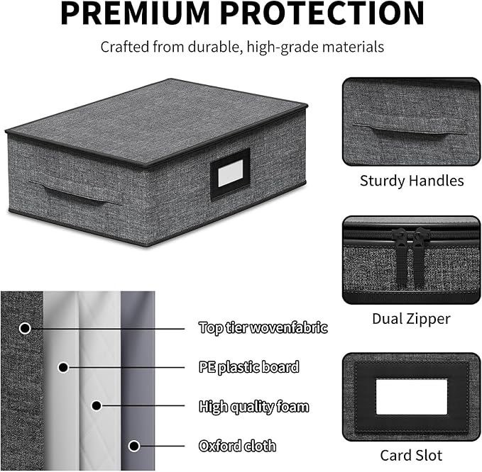 Aokeyee 2-Pack Cup and Mug Storage Box, Hard Shell China Storage Containers - Holds 24 Coffee Mugs, Tea Cups & Glasses, Stackable Organizers with Lid, Handles, Zippers & Label for Moving