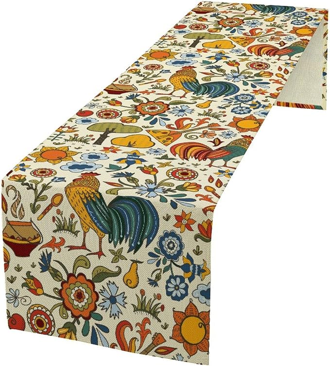 Farm Animal Table Runner, Boho Folk Style Country Rustic Farmhouse Rooster Flower Print Table Runner for Home Kitchen Dining Holiday Decor, 13x120inch
