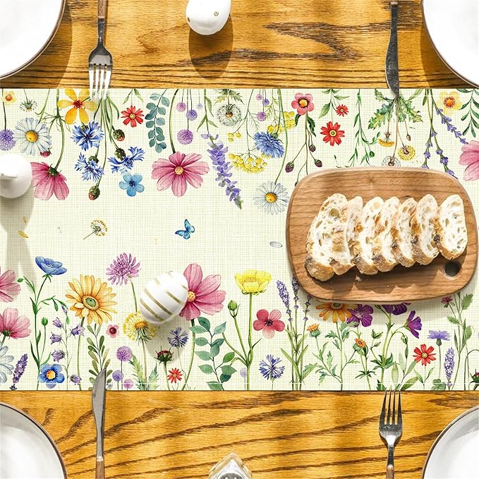 Daisy Tulip Lavender Floral Leaves Summer Table Runner, Spring Home Kitchen Dining Table Decorations Seasonal Holiday Party Decor 13×72 Inches (Colorful Flowers 1)