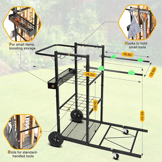 CAROD Mobile Trash Bag Holder and Tools Organizer Cart 2-in-1, Metal Cleaning Carts on 360° Wheels, Convenient Leaf Bag Holder Cleaning Cart for Leaves, Snow, Indoor-to-Outdoor Maintenance