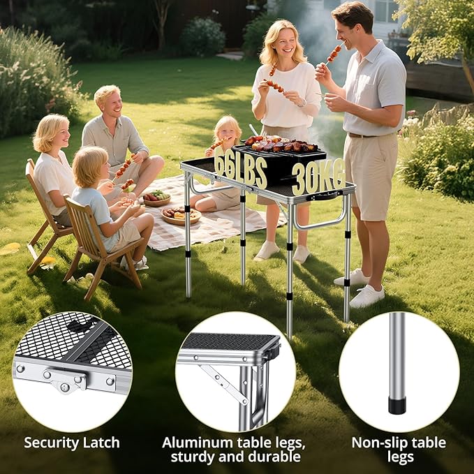 Anbte 3ft Folding Grill Table with Storage Bag, 3 Adjustable Height 27.5" Aluminum Portable Grill Table, Heat Resistant, Lightweight, Portable Handle for BBQ Cooking Camping Travel, 35" X 16", Silver