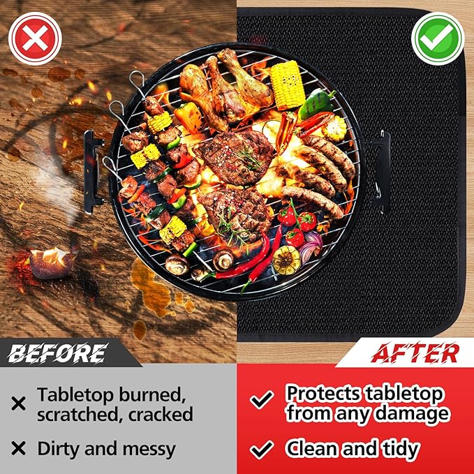 Apipi 25 x 19.5in Fireproof Grill Mat for Outdoor Grill - 2mm Thickened Heat Resistant Mat for Countertop, Easy to Clean & Waterproof & Oil Proof for Protecting Prep BBQ Table