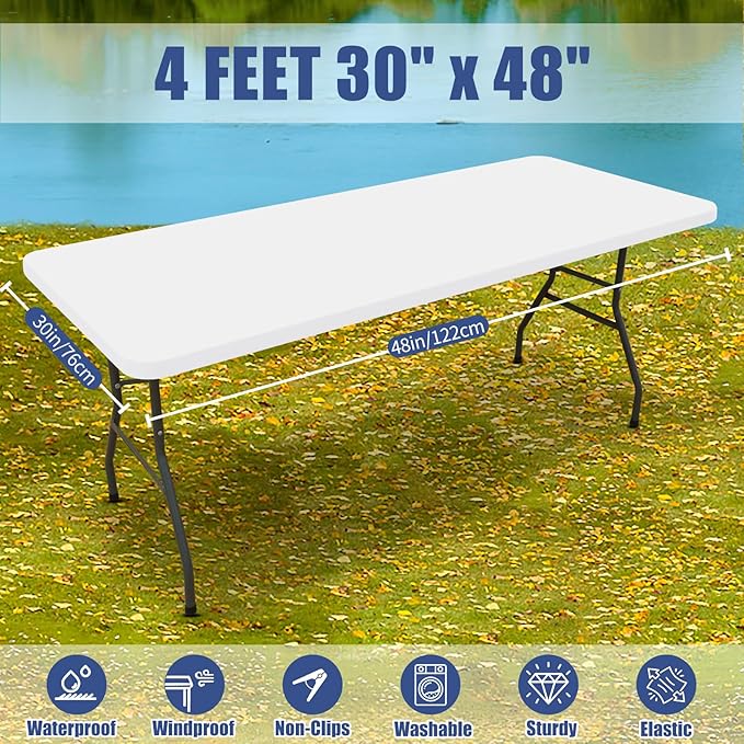 Spandex 4 Foot Rectangle Table Cloth 6 Pack, Elastic Fitted Tablecloths for Picnic, Stretch Washable Patio Table Cover for Outdoor, Camping, Banquet and Parties (White, 30"x48")