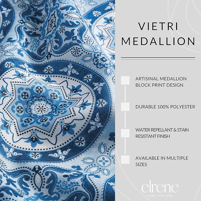 Elrene Home Fashions Vietri Medallion Blue Coastal Block Print Stain & Water Resistant Indoor/Outdoor Fabric Rectangle Tablecloth, 60"x84"