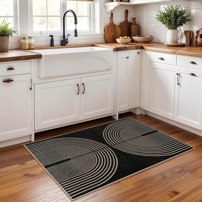 Easy Jute Rainbow Entryway Rug, 2x3 Black Washable Non-Slip Indoor Outdoor Doormat, Boho Farmhouse Small Kitchen Rug Modern Abstract Throw Rugs for Entrance Bedroom Bathroom