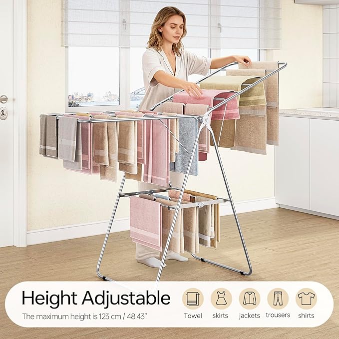 APEXCHASER Clothes Drying Rack Folding - Stainless Steel Drying Rack Clothing Height-Adjustable, Foldable Laundry Rack, Space-Saving, Collapsible for Indoor Outdoor Use for Clothe, Towels, Chrome