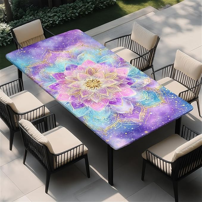 Rectangle Table Cloth Cover Waterproof Elastic Fitted Polyester Fitted Tablecloths for 8 Foot Tables for Indoor,Picnic, Camping, Outdoor （96" x 30"，Datura）