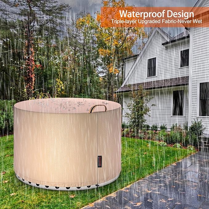 QH.HOME [2025 Upgraded 900D Fabric] Fire Pit Cover Round for Solo Stove Yukon 27"-29",Waterproof Smokeless Fire Pit Cover,Strong Tear Resistant,Fits for Gas/Table/Bowl Fire pits - 30" D X 18" H-Wheat