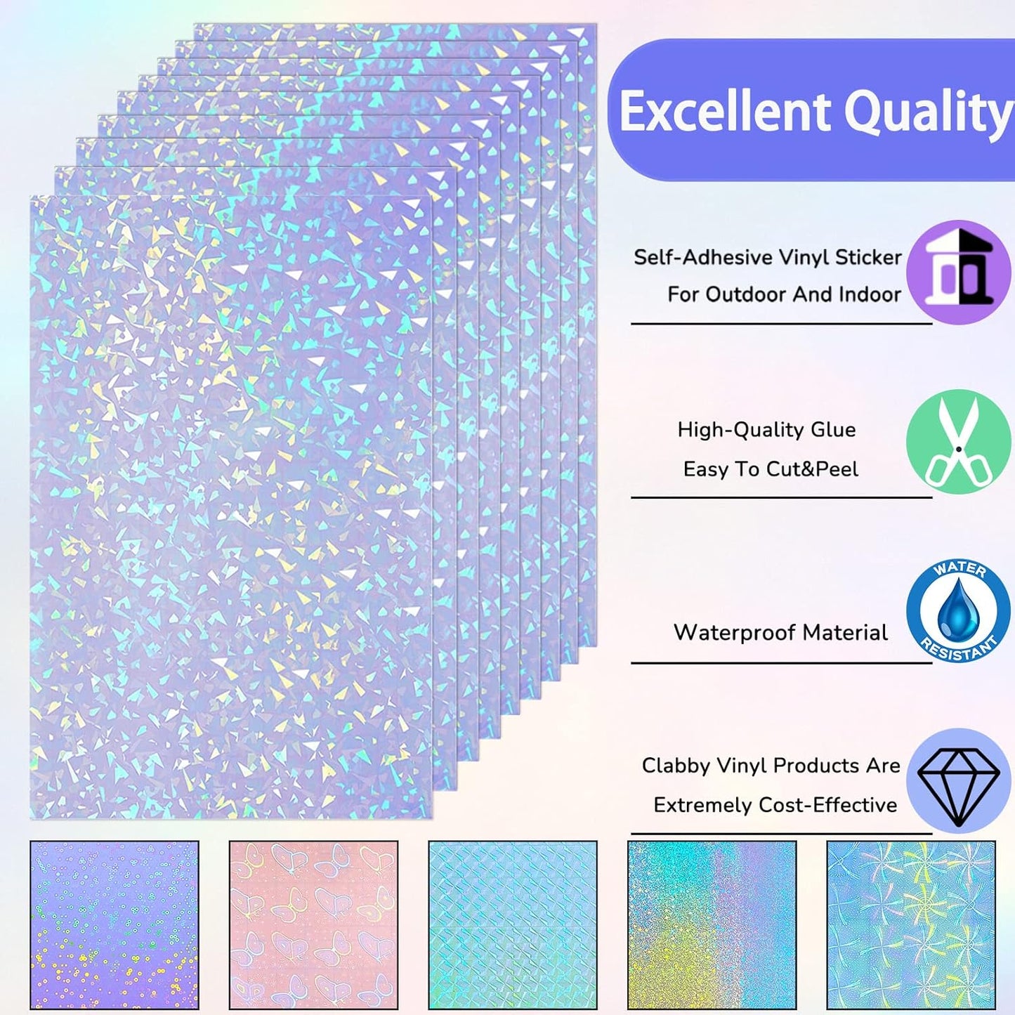 36 Sheets Holographic Sticker Paper Clear A4 Vinyl Sticker Paper Self Adhesive Waterproof Transparent Film Gem Rainbow Star Patterns, 11.7 x 8.3 Inch (Gem,Dot,Butterfly,Grid,Sand Star,Wind Mill)