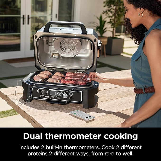 Ninja OG951 Woodfire Pro Connect Premium XL Outdoor Grill & Smoker, Bluetooth, App Enabled, 7-in-1 Master Grill, BBQ Smoker, Outdoor Air Fryer, Woodfire Technology, 2 Built-In Thermometers, Black/Blue