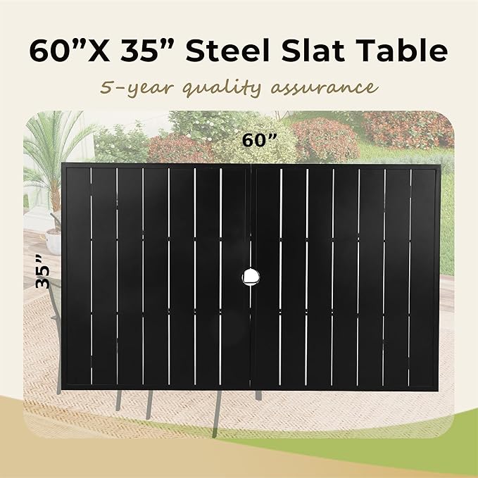 Outdoor Patio Dining Table for 6, 60" x 35" Rectangular Metal Patio Dining Table with Umbrella Hole for Garden, All Weather Wrought Iron Black Outdoor Table for Backyard and Porch
