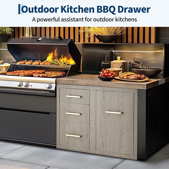 Stainless Steel Outdoor Kitchen Door Drawer Combo 29.5" W x 22.6" H x 21.7" D - Triple Drawers & Access Door, Propane Storage & Adjustable Garbage Ring, Weather-Resistant Flush Mount