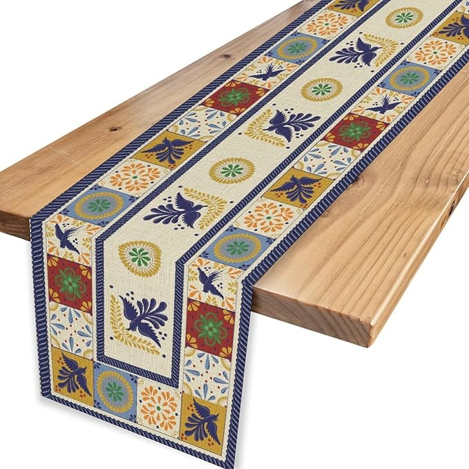 Mexican Table Runner, Blue Floral Birds Mexico Talavera Ceramic Dia De Los Muertos Coffee Table Center Decor for Family Home Kitchen and Dining Farmhouse Indoor Outdoor Table Decorations, 13" X 36"