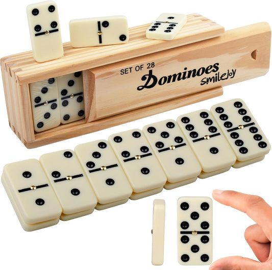 Smilejoy Dominoes Set for Adults, Domino Set for Classic Board Games, Double 6 Domino Game Set 28 Pieces with Natural Wood Case (2 Players)