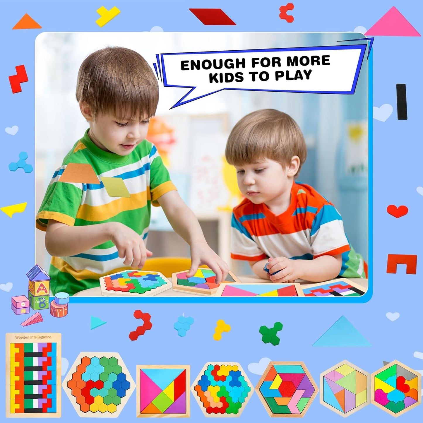 7 Pack Wooden Tangrams Puzzle Set Wooden Hexagon Puzzles Wood Russian Blocks Geometric Block Brain Teaser for Kids Adults 3D Logic Intelligence IQ Game Gift