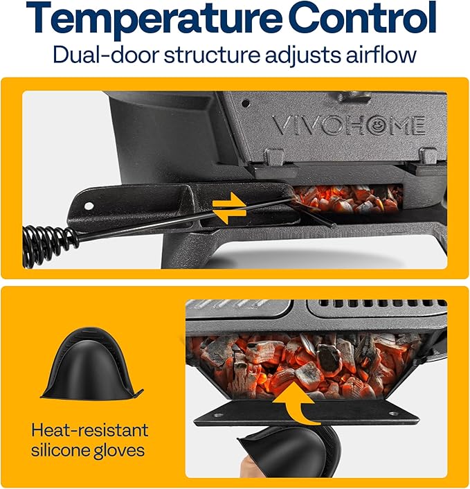 VIVOHOME Oval Cast Iron Grill with Interchangeable Grates & Griddle, 2 Furnace Doors for Heat Control, Includes Gloves, Poker and UV-Resistant Cover