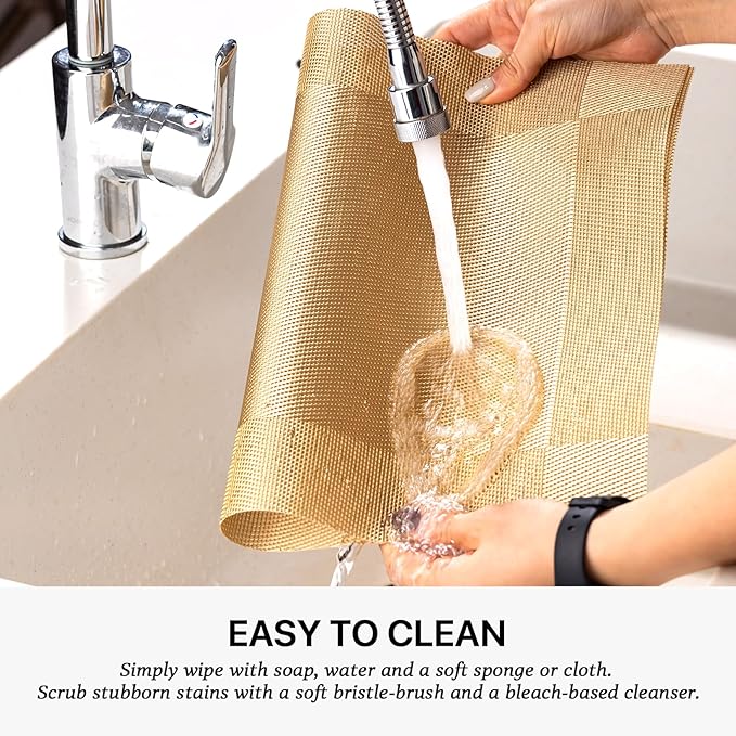 LEXMORE Placemats Set of 4 Vinyl/Plastic Woven Place Mats for Kitchen Table Indoor/Outdoor Washable Placemat Wipeable Dining Table Mats(Gold Cube)