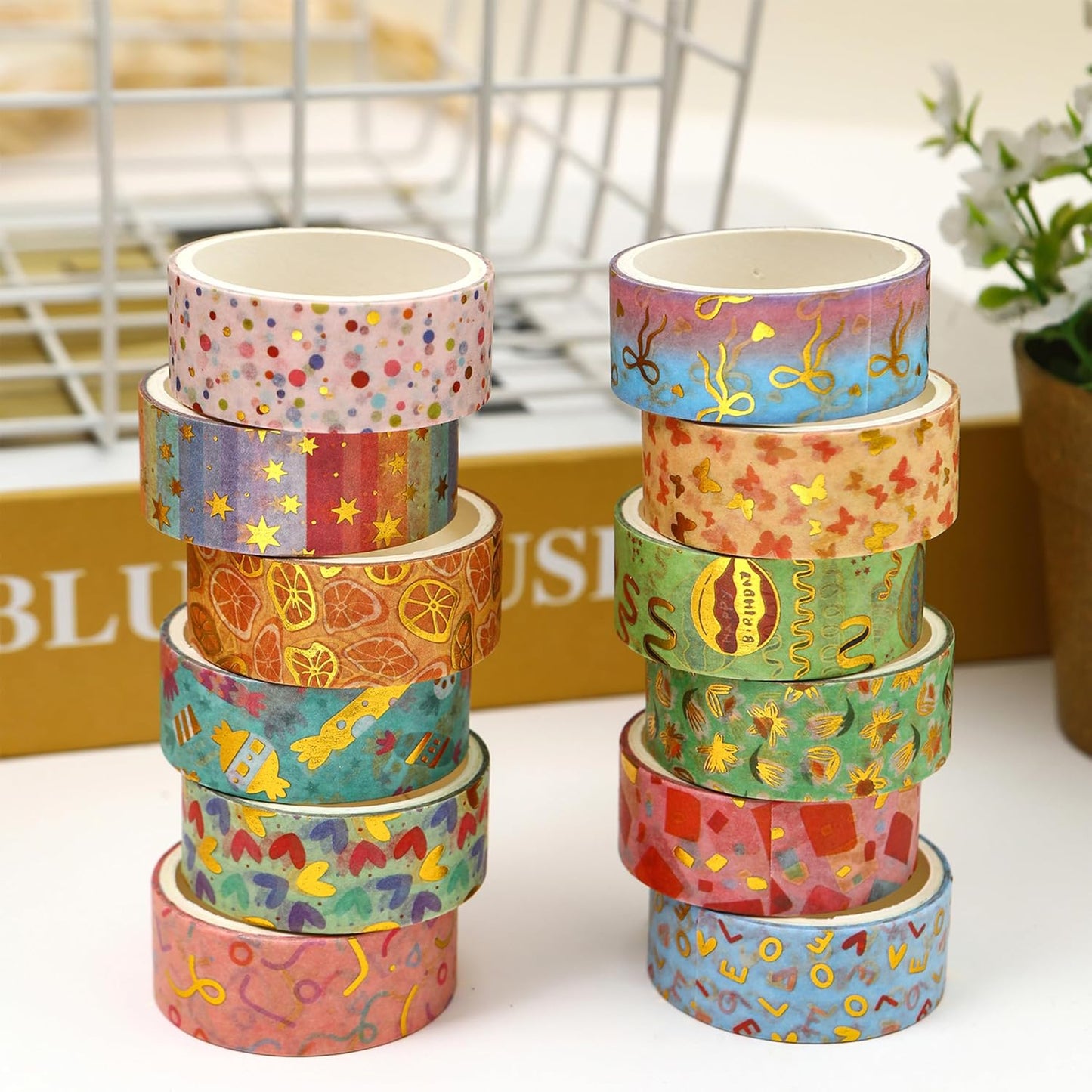 12 Rolls Charming Washi Tape Set Gold Silver Foil Detailing Arts Adhesive Tapes Basic Patterns Decorative Masking Tape Sets for Craft, Kids, Scrapbook, DIY, Gift Wrapping (Whimsical Pastels)