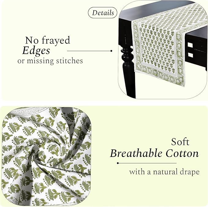 CPC Cotton Table Runner 16x106 inch Block Printed Long Fall Table Runner for Dining Table, Card Table, Coffee Table, Wedding, Farmhouse & Outdoor Barbeque-Emerald Green