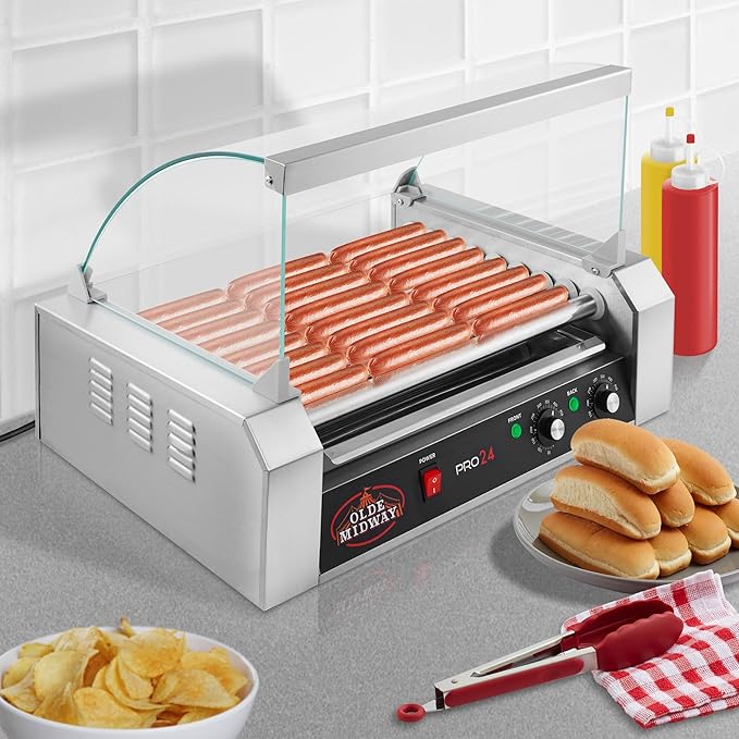 Olde Midway Electric 24 Hot Dog 9 Roller Grill Cooker Machine with Cover 1200-Watt - Commercial Grade