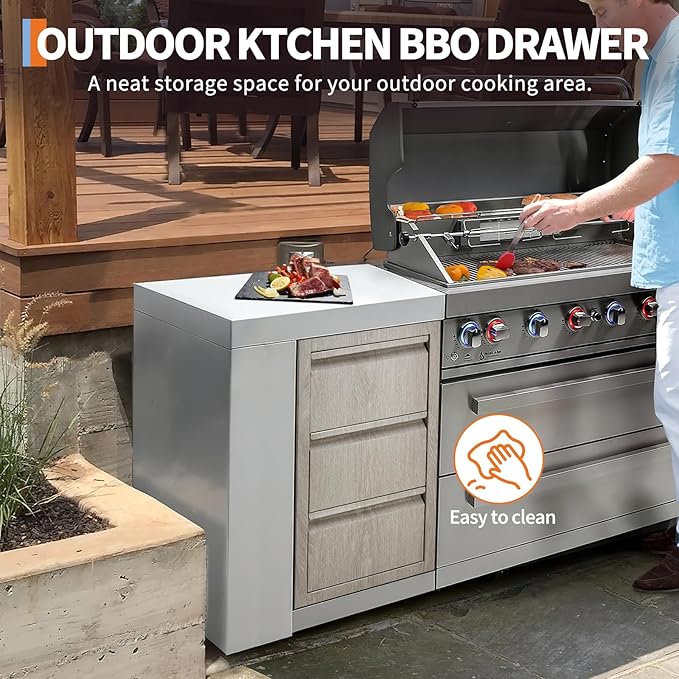 Stainless Steel Outdoor Kitchen Triple Drawers 14.7" W x 18.5" D x 24.5" H - Heavy Duty with Handles, Weather-Resistant Flush Mount for BBQ Island, Patio Grill & Outdoor Cooking Space