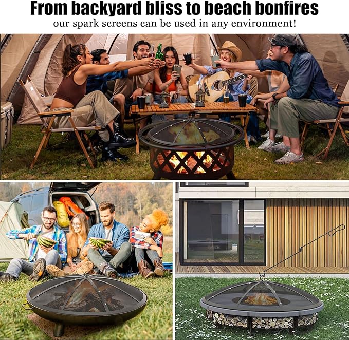 Fire Pit Spark Screen, 24Inch Fire Pit Lid Outdoor with Handle & Poker, Heavy-Duty Mesh Firepit Cove with 12 Reinforced Bars for Backyard/Beach/RV Camping