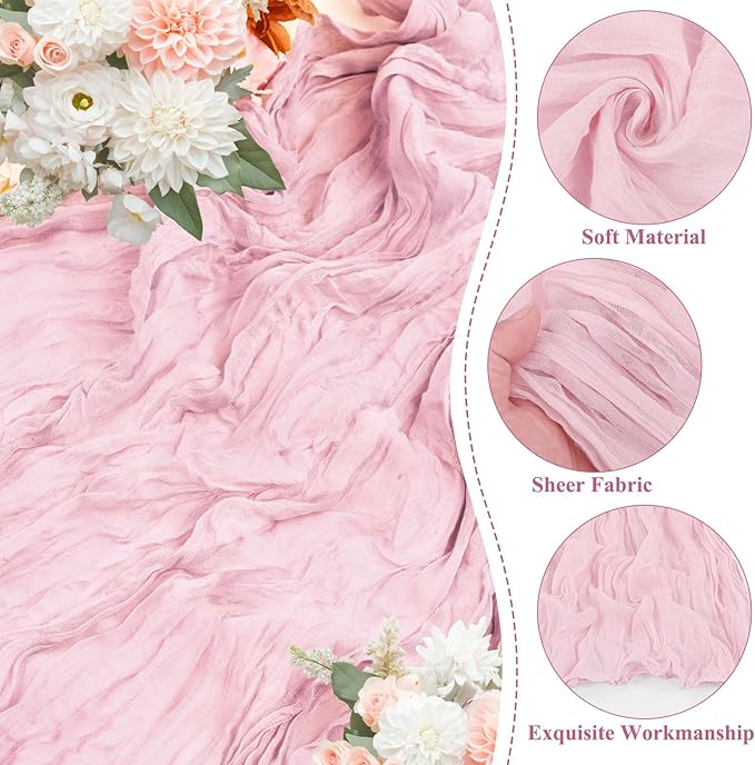 8 Packs Cheesecloth Table Runner 10FT Long Boho Gauze Fabric Table Runner Vintage Rustic Sheer Runners for Wedding Party Bridal Baby Shower Table Decorations (Light Pink)