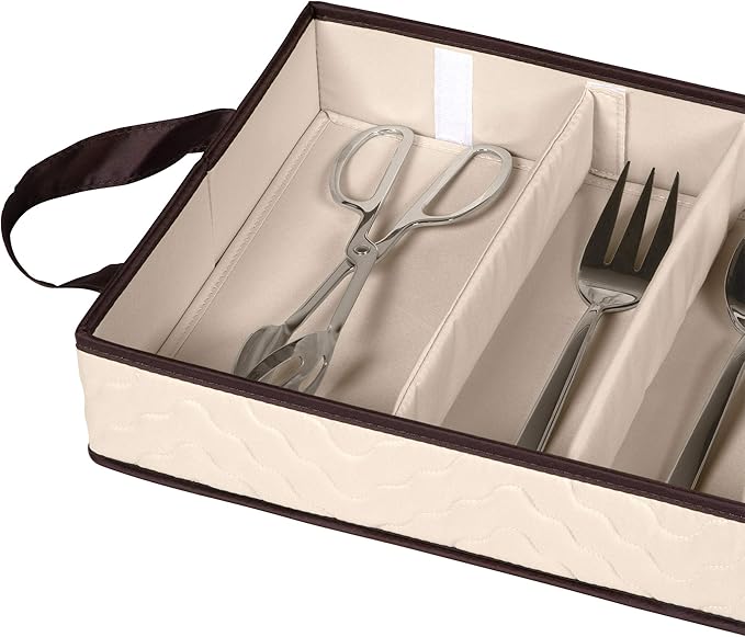 Flatware Storage Case - Durable 5 Compartment Silverware Storage Container Box with Removable Lid and Easy to Carry Handles - Large Capacity Keeps Your Cutlery Organized & Protected - Beige