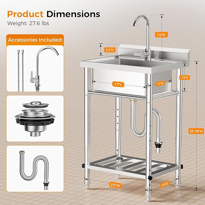 23"W Compact Utility Sink 18/8 Stainless Steel Portable Ergonomic Sinks with 4-Height Adjustable & 360° Swivel Faucet Laundry Room Kitchen Garage Outdoor BBQ RV Basement Hobby Room Bathroom