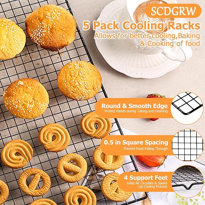 5PCS Cooling Racks for Cooking and Baking 10" x 16" Wire Rack Baking Rack, Cookie Rack, Heavy Duty Stainless Steel Wire Rack for Grilling, Roasting, Cooking, Drying