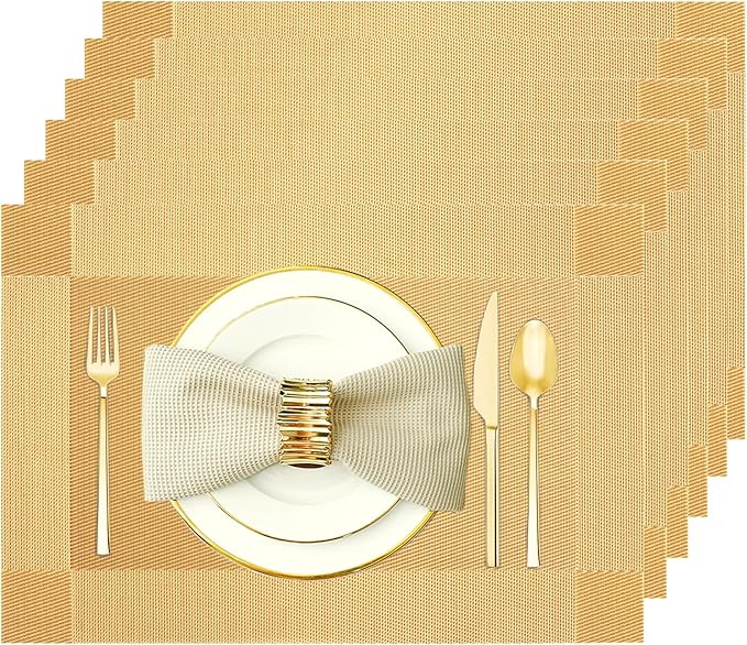 Placemats Set of 6 Washable&Wipeable Place mats for Dining Table Kitchen Indoor Outdoor Table Mats Heat Resistant Non Slip Woven Vinyl Table Placemats (Gold，6PCS)